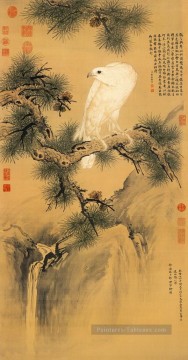 Lang brillant oiseau blanc sur pin traditionnelle chinoise Peinture à l'huile